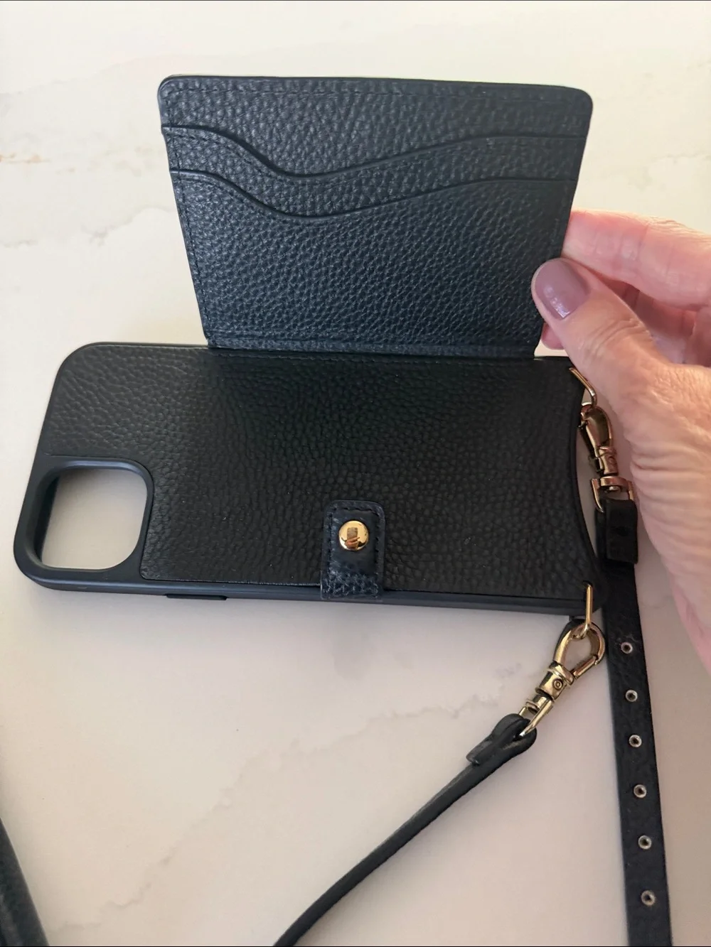 Bandolier Black Leather IPhone 14 Plus case and matching zippered pouch